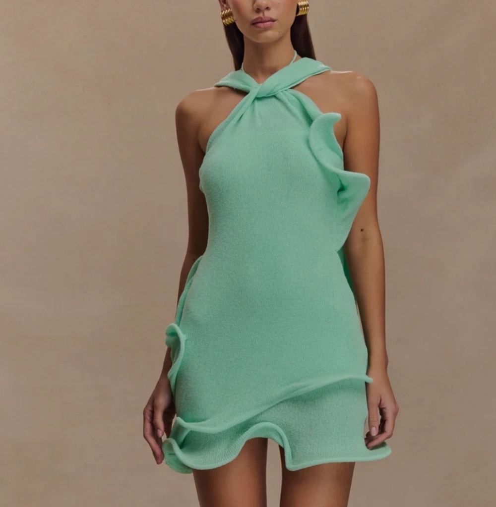 Meshki Caprice Mini Dress Mint Green Knit with Tie Detail Medium Med - Picture 1 of 4